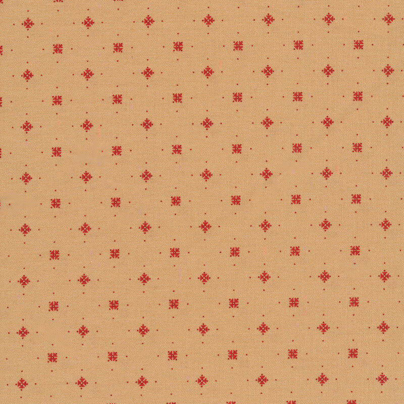 Red dots and geometric shapes on a tan background