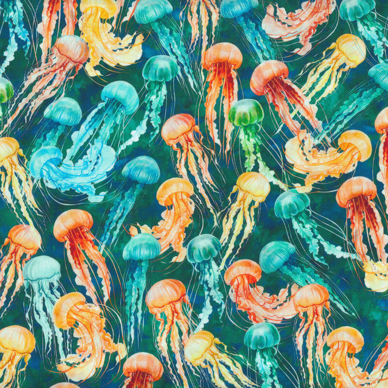 In The Beginning Fabrics Calypso 2 by Jason Yenter Cotton Woven Fabric Jellyfish Teal  30cal_2