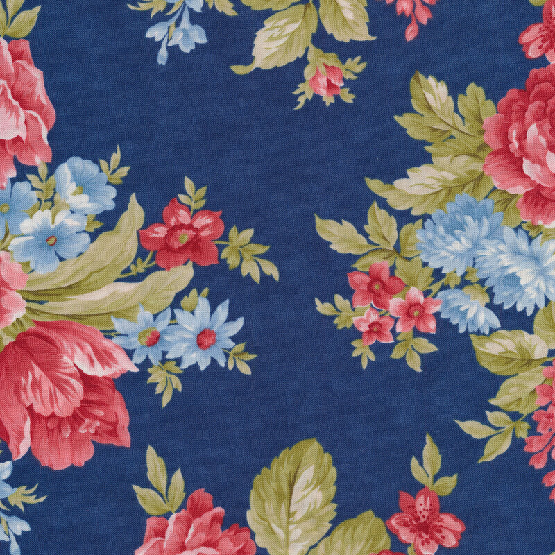 Clusters of red and blue roses on a navy blue background
