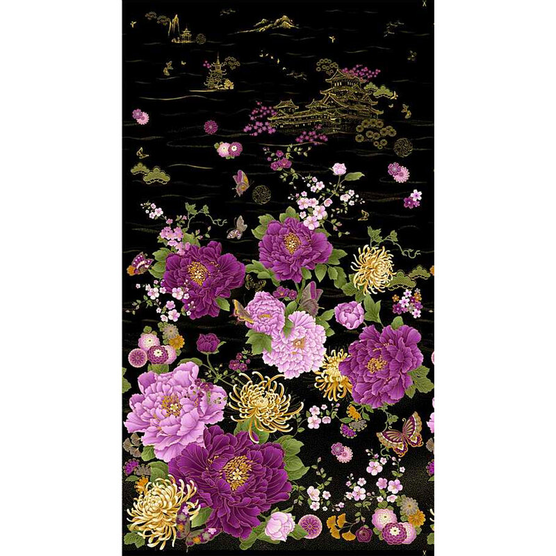 Black fabric with purple, white, and yellow floral print panel and metallic accents
