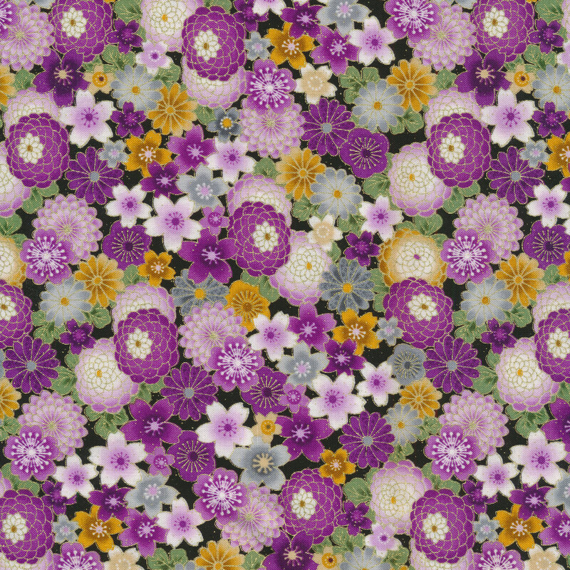 Packed gold and purple flowers on a black background