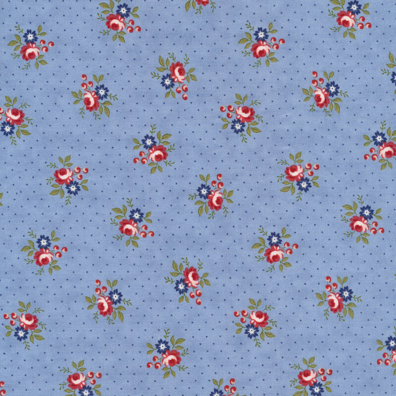 Small floral bunches on a light blue background with dark blue dots