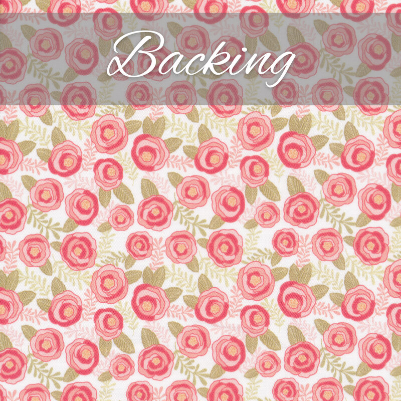 Beautiful backing fabric with light pink roses on a white background