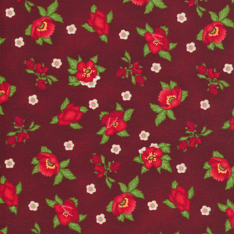 Bright red flowers tossed on a mottled red background