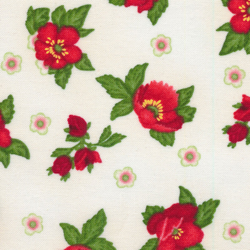 Bright red flowers tossed on a cream background