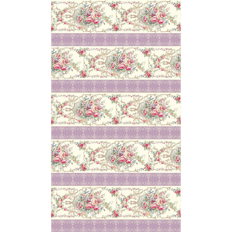 Full image repeat of a purple and cream striped fabric with swirls, scrolls, and elegant floral bundles
