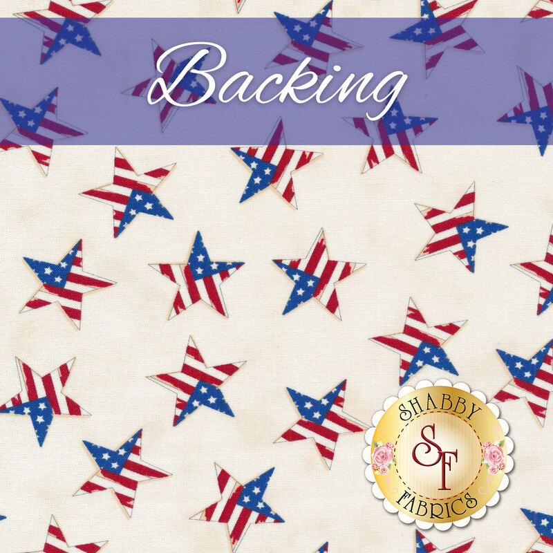 A swatch of cream fabric with red, white, and blue stars all over. A blue banner at the top reads 