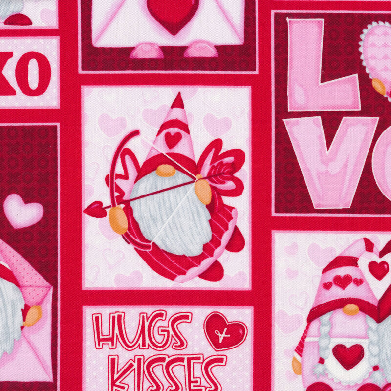 Valentine's Day gnomie patchwork squares on a red background