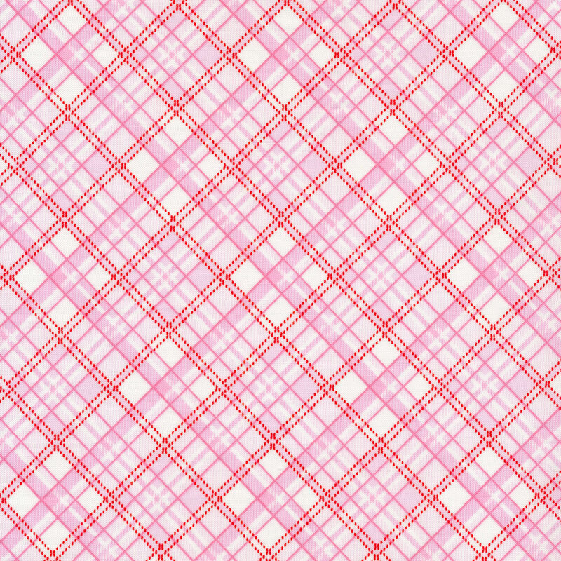 Red, pink, and white bias plaid