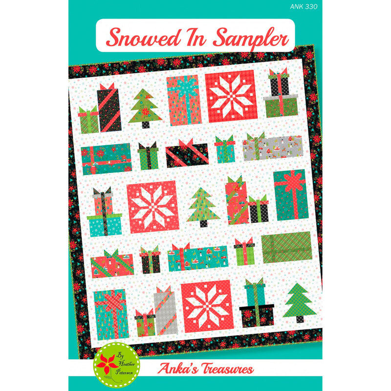 The front of the Snowed In Sampler pattern showing the finished Christmas quilt displayed on a teal background.
