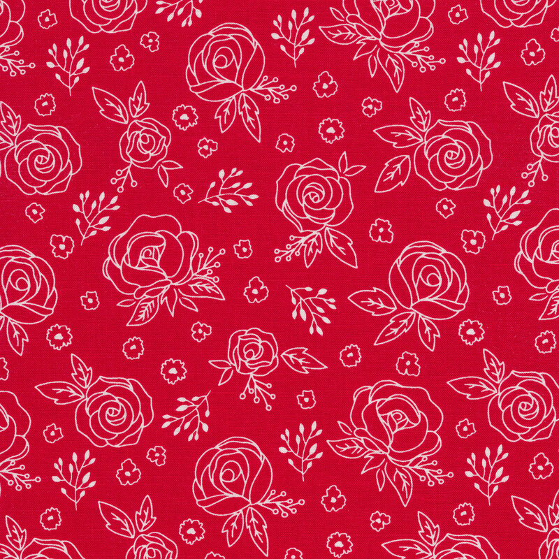 White floral outlines on a red fabric background