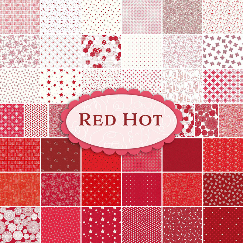 A collage of fabrics included in the Red Hot fabric collection
