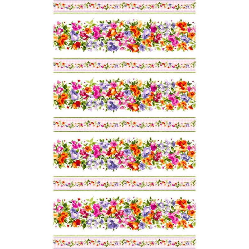 White and pink border striped fabric with colorful flower columns