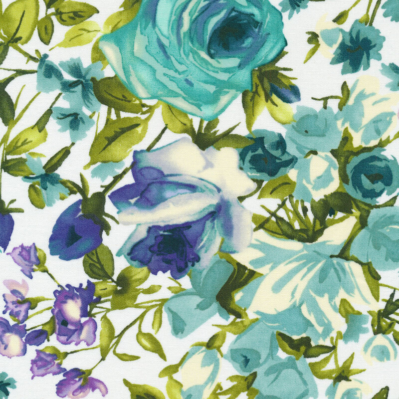 Purple flowers with blueish green stems on a white background