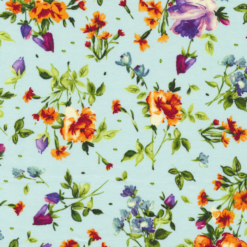Tossed purple flowers with green stems on a light blue background