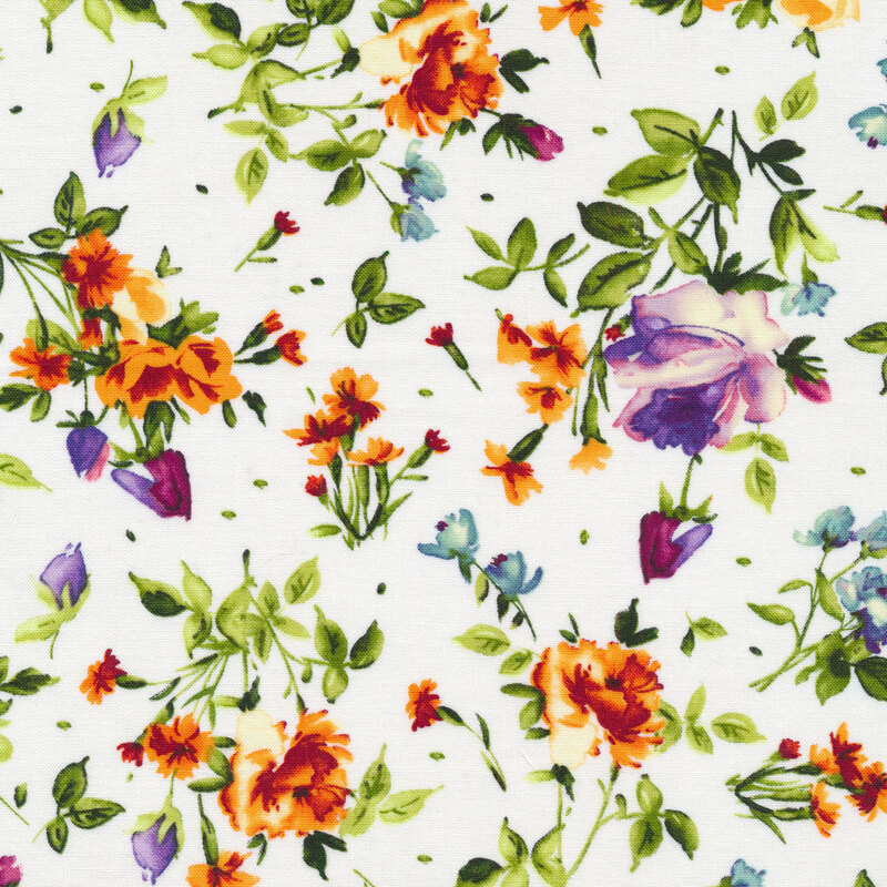 Tossed purple flowers with green stems on a white background