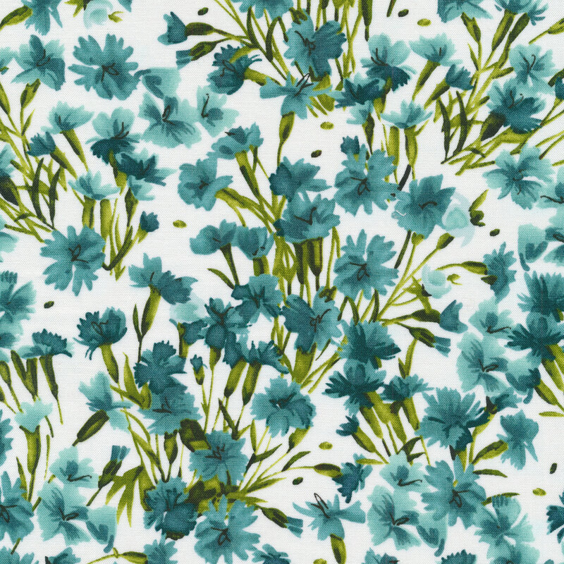 Dark blue flowers with green stems on a white background