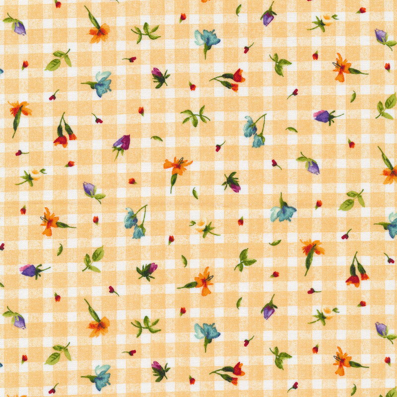 Light orange and white gingham fabric with tossed florals