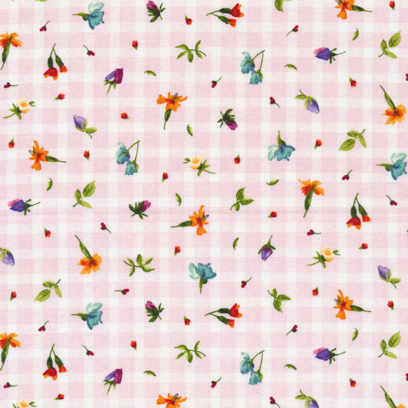 Light pink and white gingham fabric with tossed florals