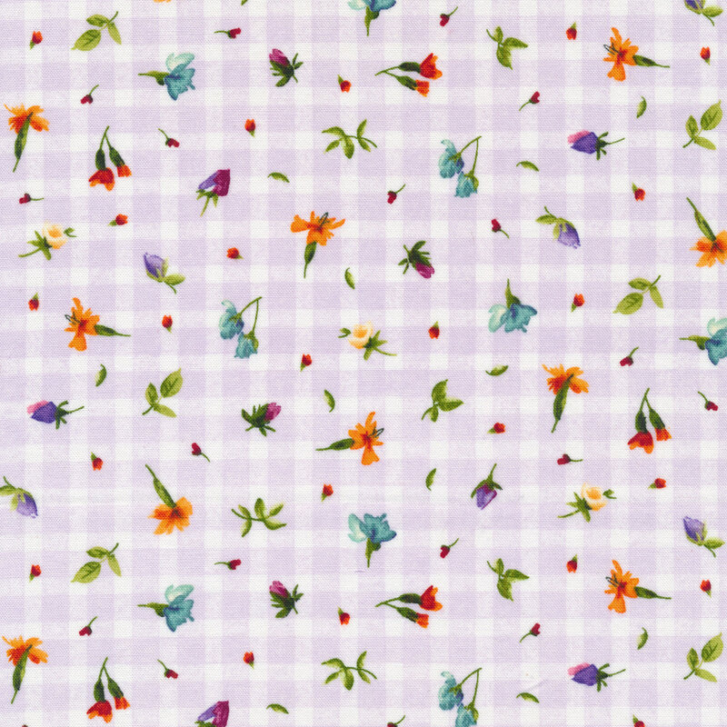 Light purple and white gingham fabric with tossed florals
