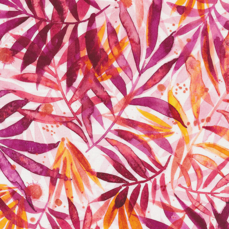 Purple and orange leafy branches on a white fabric background