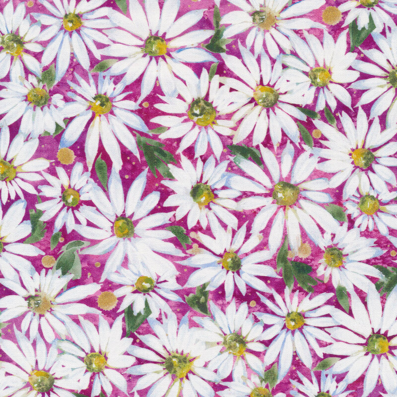 Fabric with white daisies on a magenta fabric background