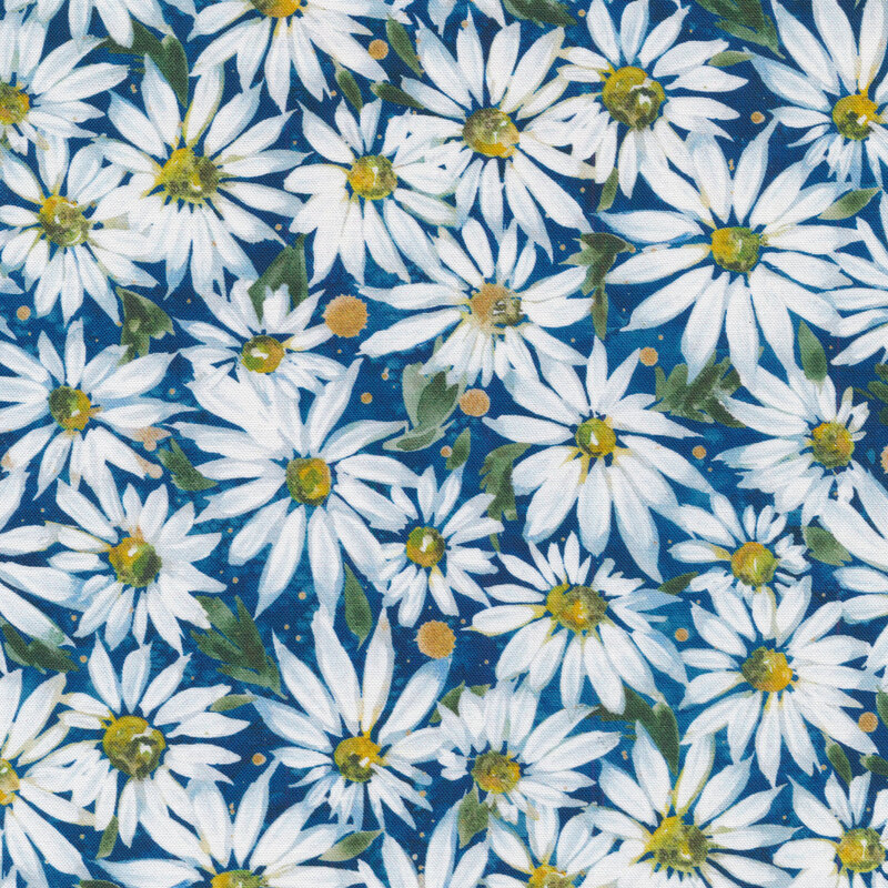 Fabric with lovely daisies on a blue fabric background