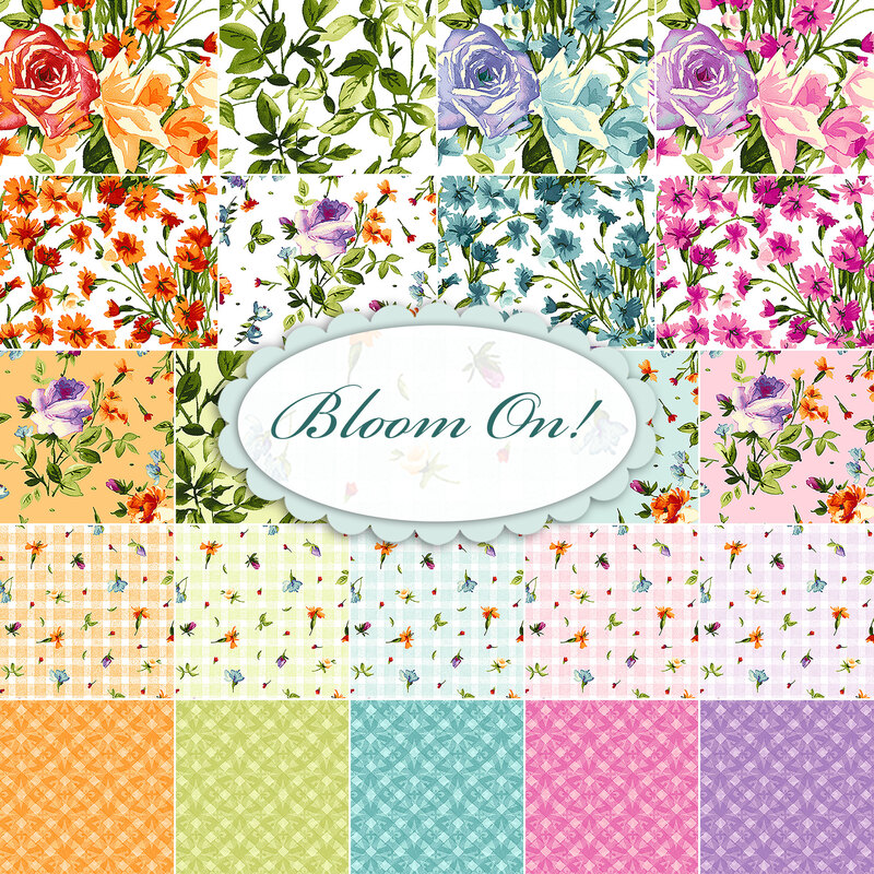 A collage of fabrics included in the Bloom On! fabric collection