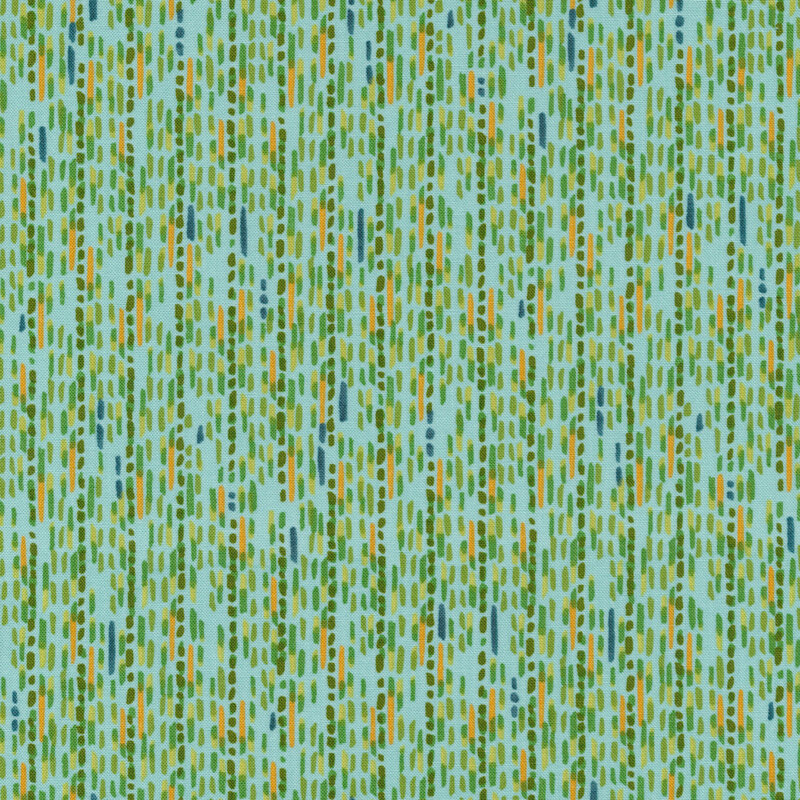 Orange, green and blue dashed lines on a teal fabric background