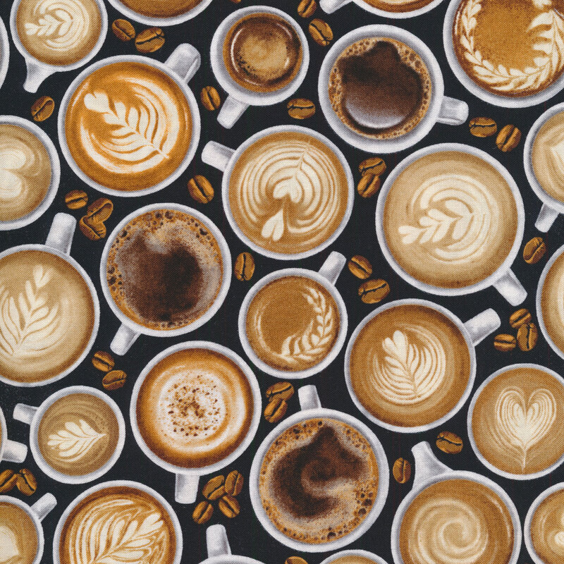 Cappuccino and coffee cups on a black mottled background with small coffee beans all over