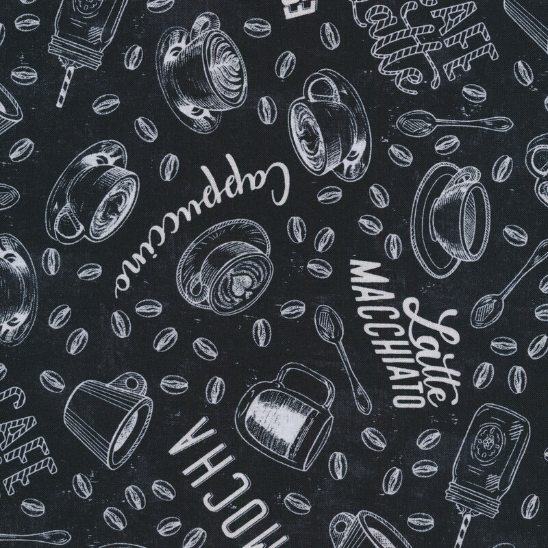 Black and white tossed coffee, words, and beans on a black mottled background