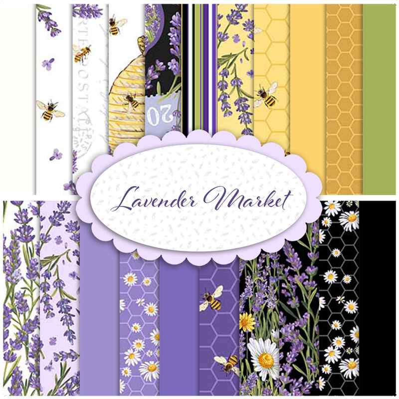 A collage of fabric from the Lavender Market collection