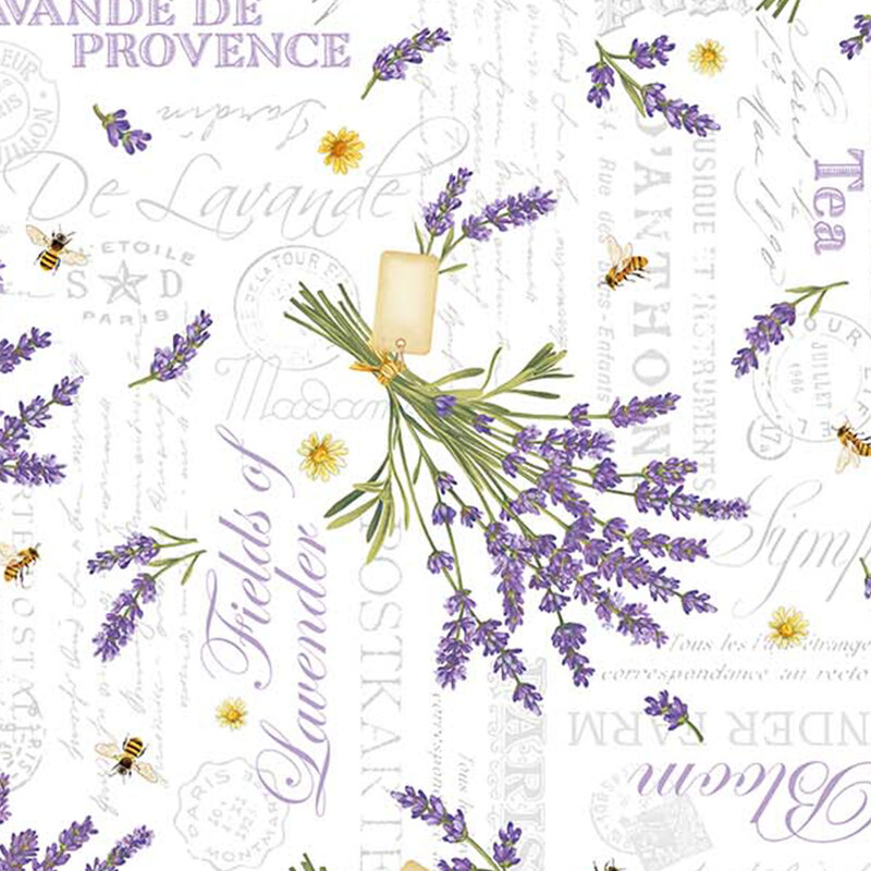 Lavender bouquets and words on a white background