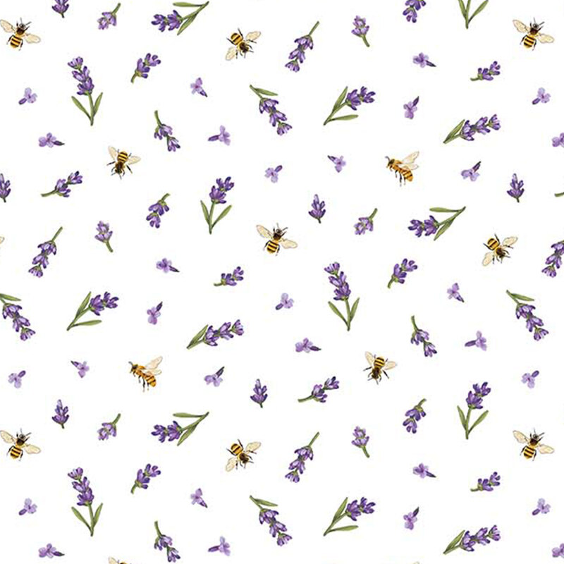 Tossed lavender sprigs and bees on a white background
