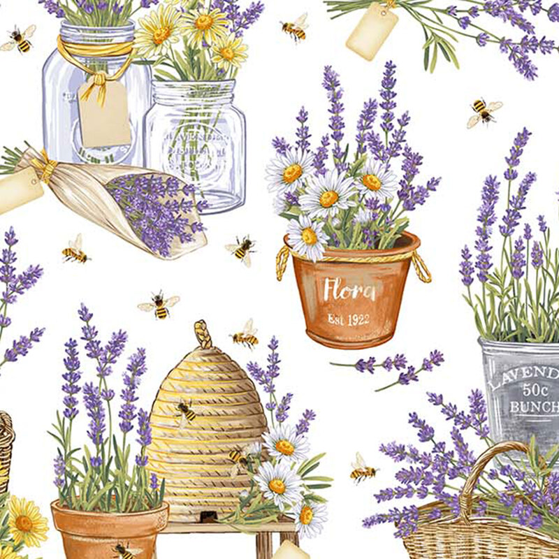 Flowers, watering cans, and bees on a white background