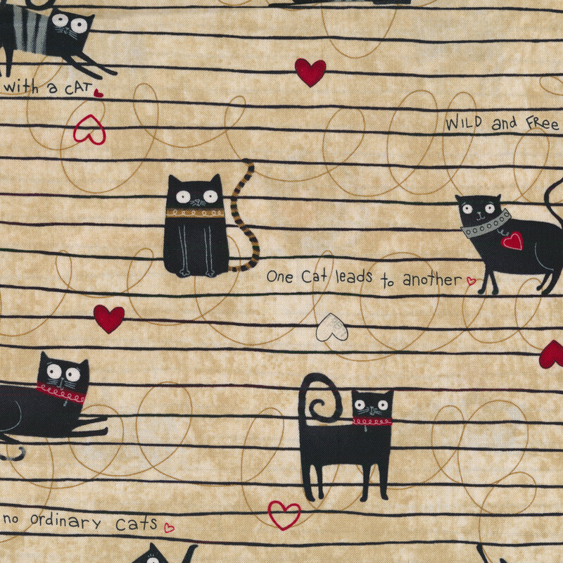 Cats and hearts with words and stripes on a tan background