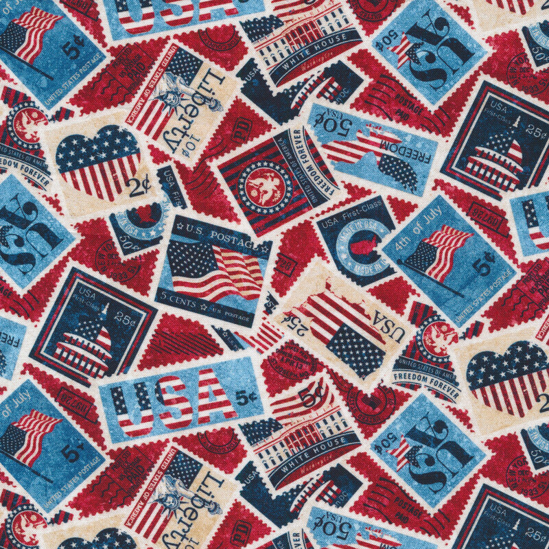 Patriotic fabric with USA stamps on a red background