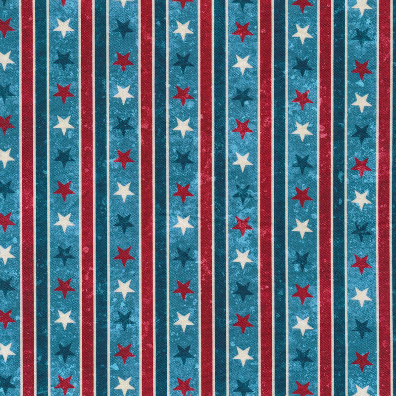 Patriotic fabric with stripes and stars on a blue background
