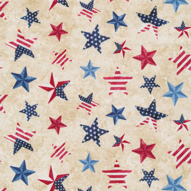 Patriotic fabric with red, white, and blue stars on a mottled tan background