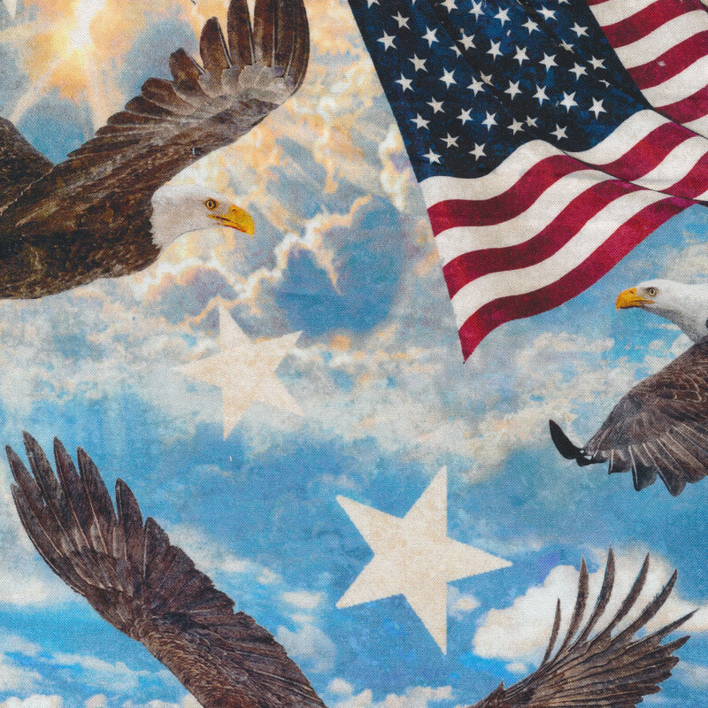Fabric with bald eagles, American flags, and stars on a cloud background