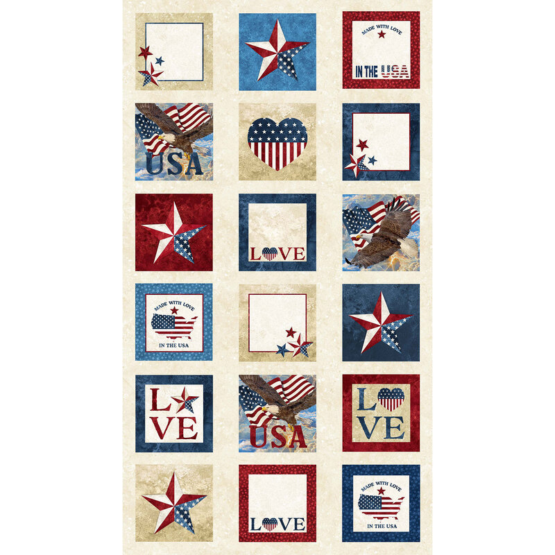 A patriotic sewing panel featuring 18 different blocks each with patriotic themes all on a cream background