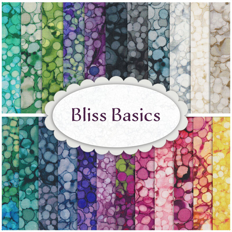 A collage of rainbow fabrics included in the Bliss Basics FQ Set 