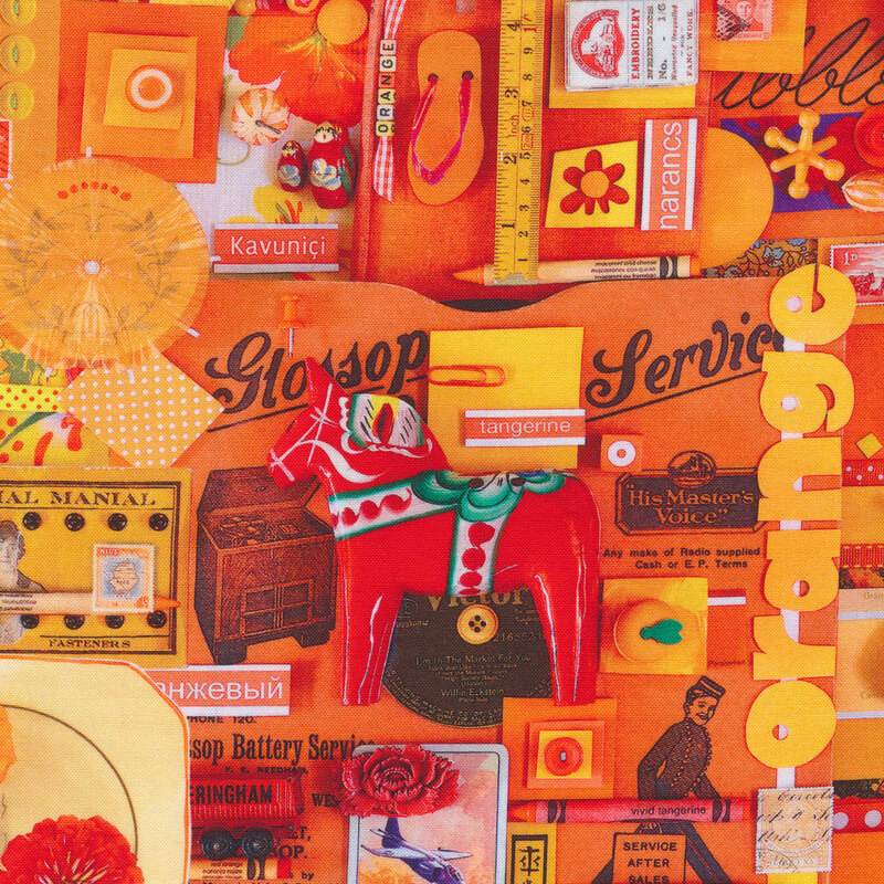 Collage of words, knick knacks, and small signage in various orange tones