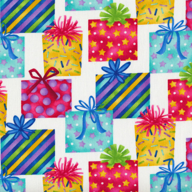 Wrapped birthday presents all over a white background
