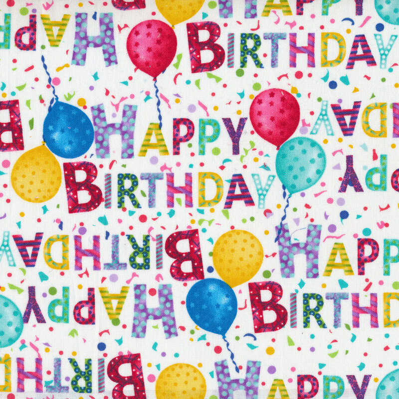 Happy Birthday all over a white background with balloons and confetti