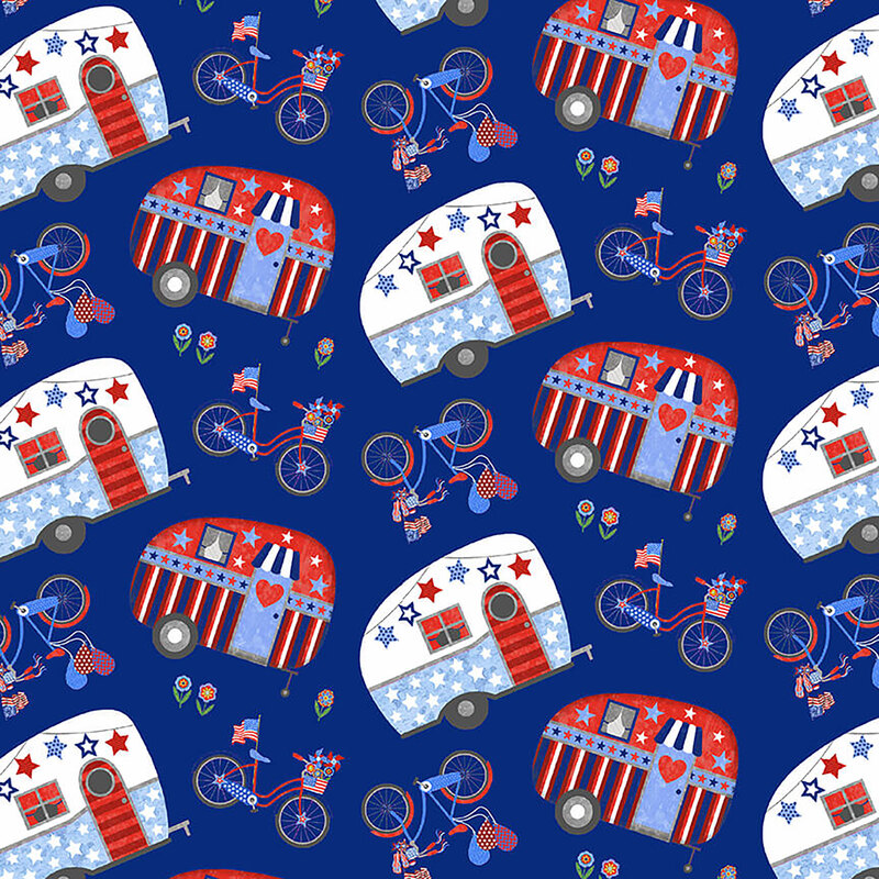 Patriotic bikes and campers tossed on a blue background