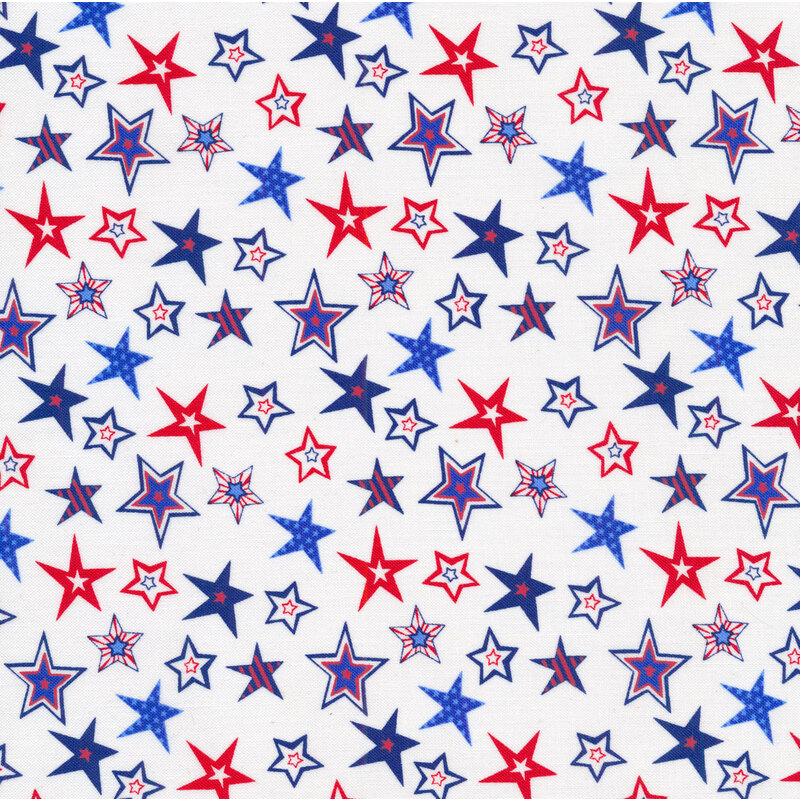 Patriotic red, white and blue stars all over a white background