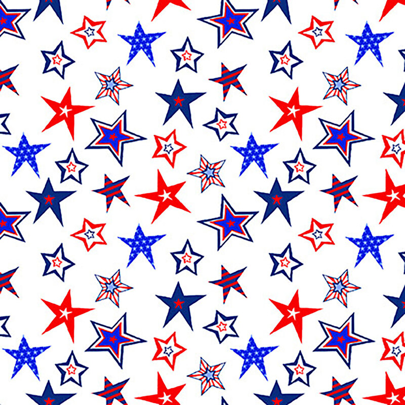 Patriotic red, white and blue stars all over a white background
