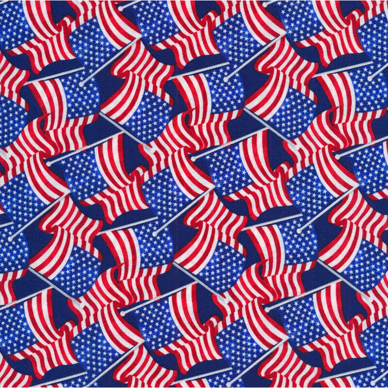 Tossed American flags all over a blue background