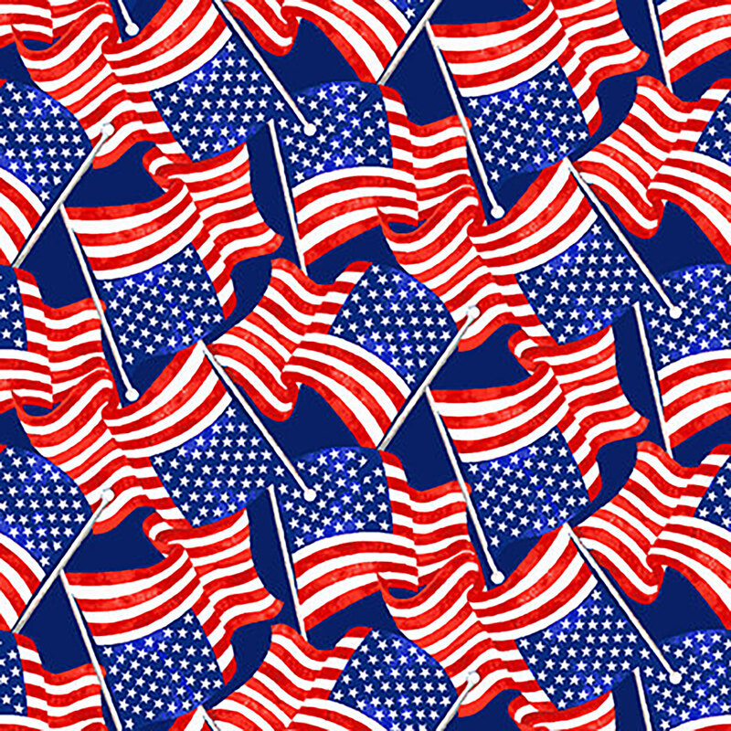 Tossed American flags all over a blue background